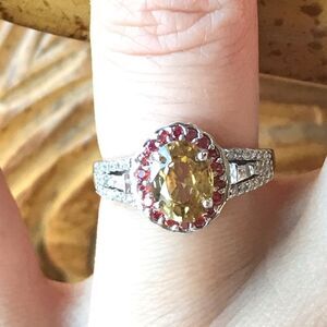 Natural Red Sapphire Yellow Zircon Halo Ring Size 6